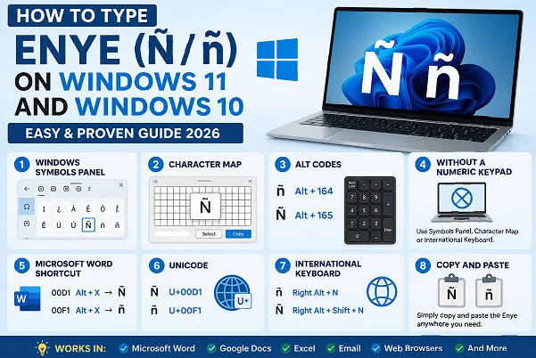 A helpful illustration showing easy ways to type Ñ and ñ on Windows 11 and Windows 10 laptops without a numeric keypad. It highlights simple built-in methods like the Windows Symbols Panel, Character Map, Microsoft Word shortcuts, and the International Keyboard.