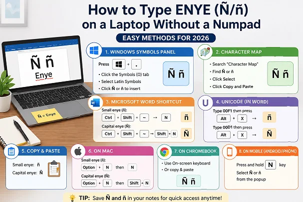 Illustration showing how to type Enye (Ñ and ñ) on a laptop without a numpad using Windows, Mac, Chromebook, Microsoft Word, and Unicode shortcuts.