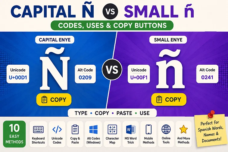 Capital Ñ vs Small ñ with Unicode codes, shortcuts, and copy-paste methods