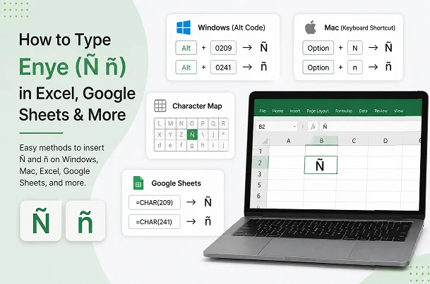 How to type enye in Excel and Google Sheets using Alt codes, Unicode, and keyboard methods