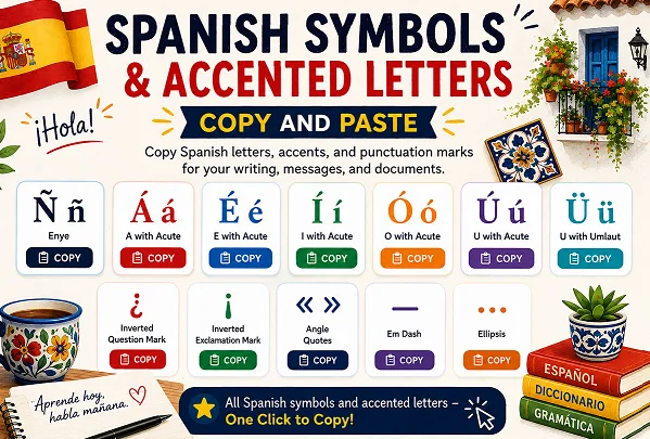 Spanish symbols and accented letters copy and paste, including Ñ, Á, É, Í, Ó, Ú, Ü, ¿, ¡, and Spanish punctuation marks.